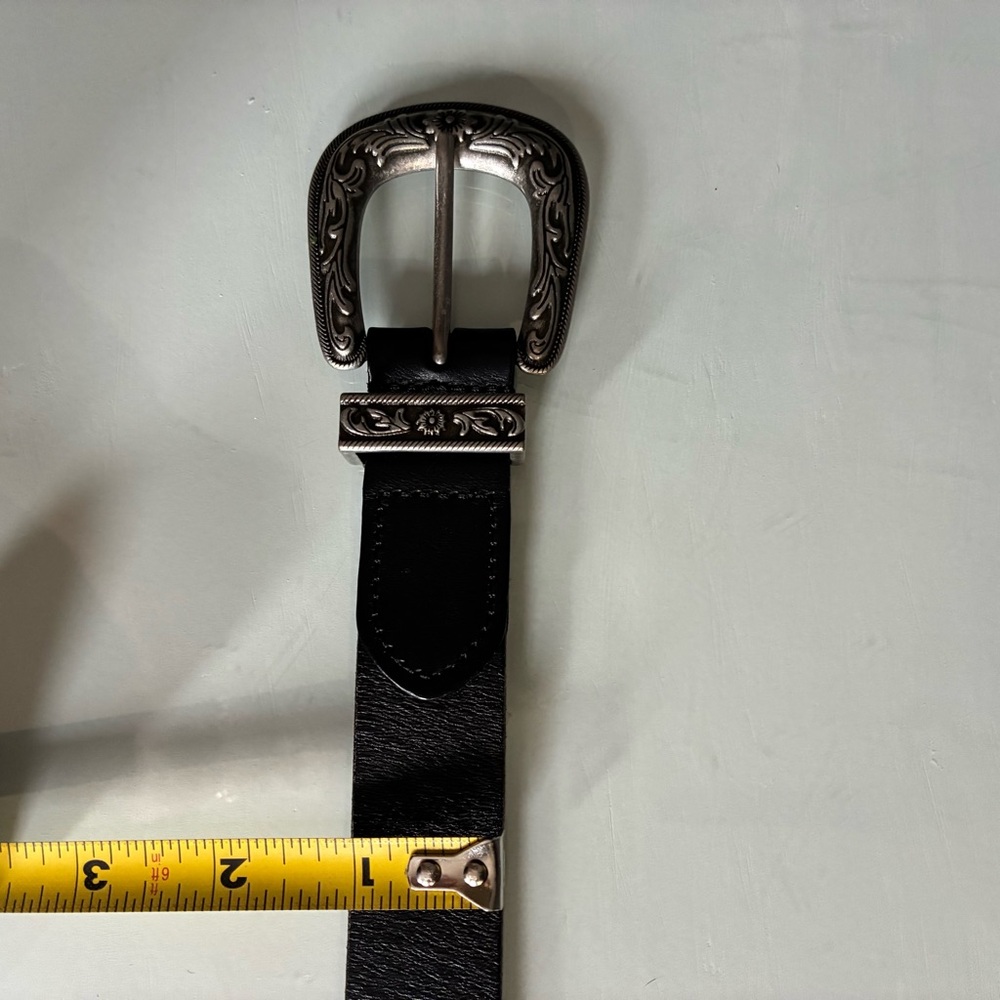 Black Leather Belt with Silver Buckle - Picture 3 of 3